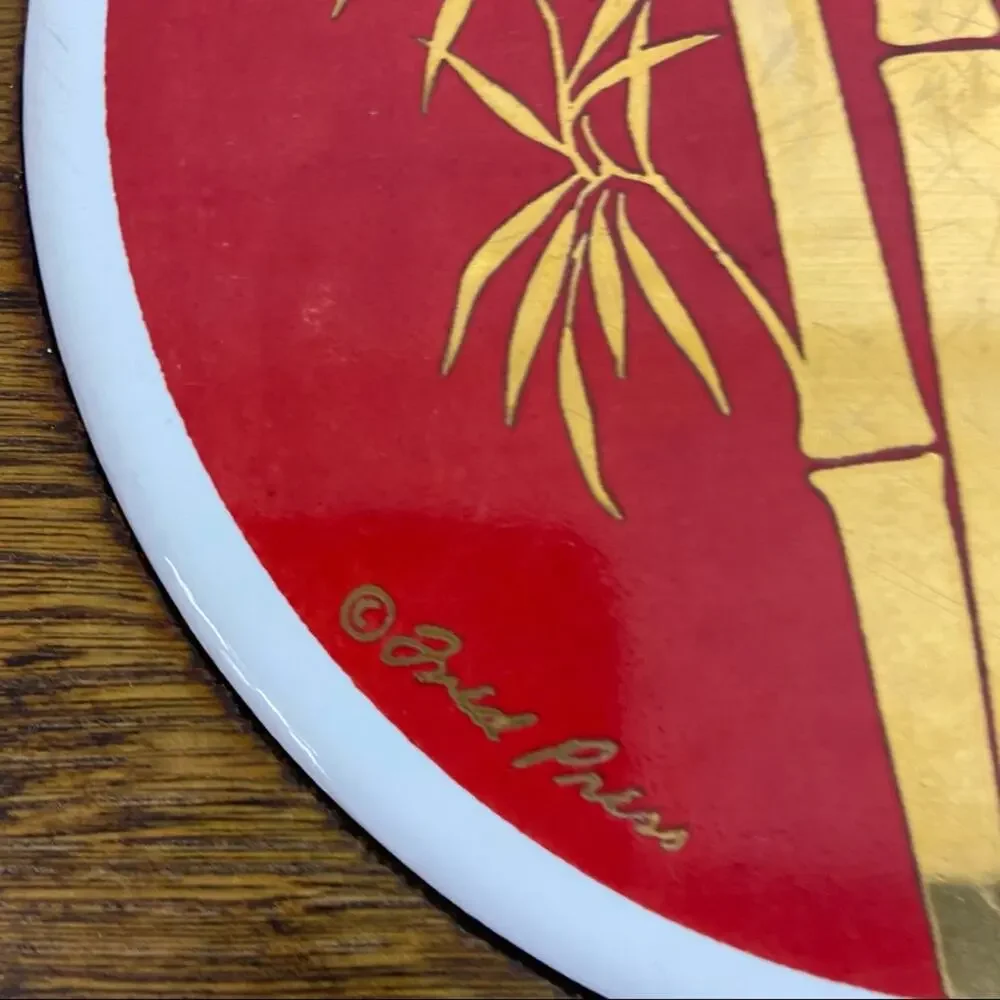 Fred Press | MCM Red & Gold Bamboo Ceramic Inlay Cheese Board Serving Tray